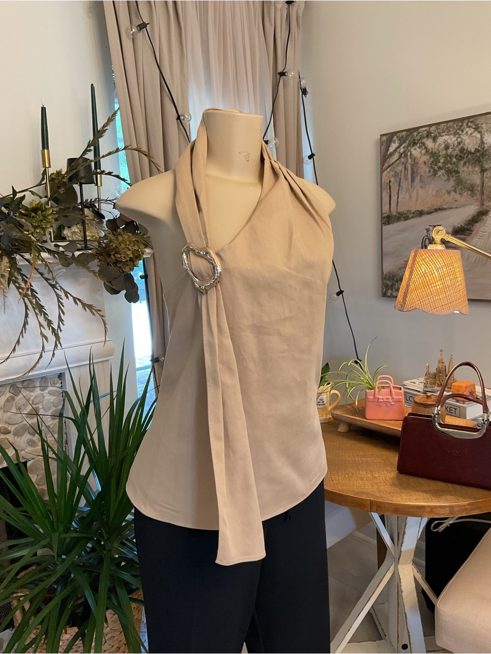 Sleeveless Beige Halter Top with Ring Detail - Lightweight Women’s Top